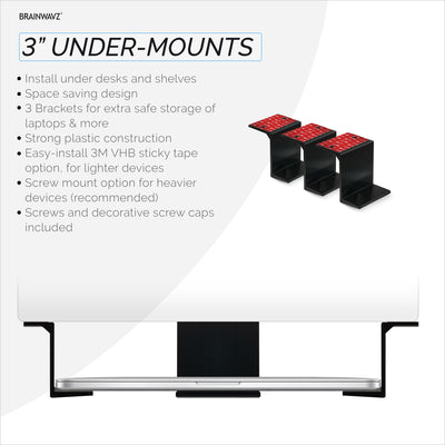 3” Under Desk Laptop & Device Holder Mount, Adhesive & Screw In, Devices upto 3" Like Small Computers Laptops Macbook Surface Keyboard Routers Modems Cable Box Network Switch & More