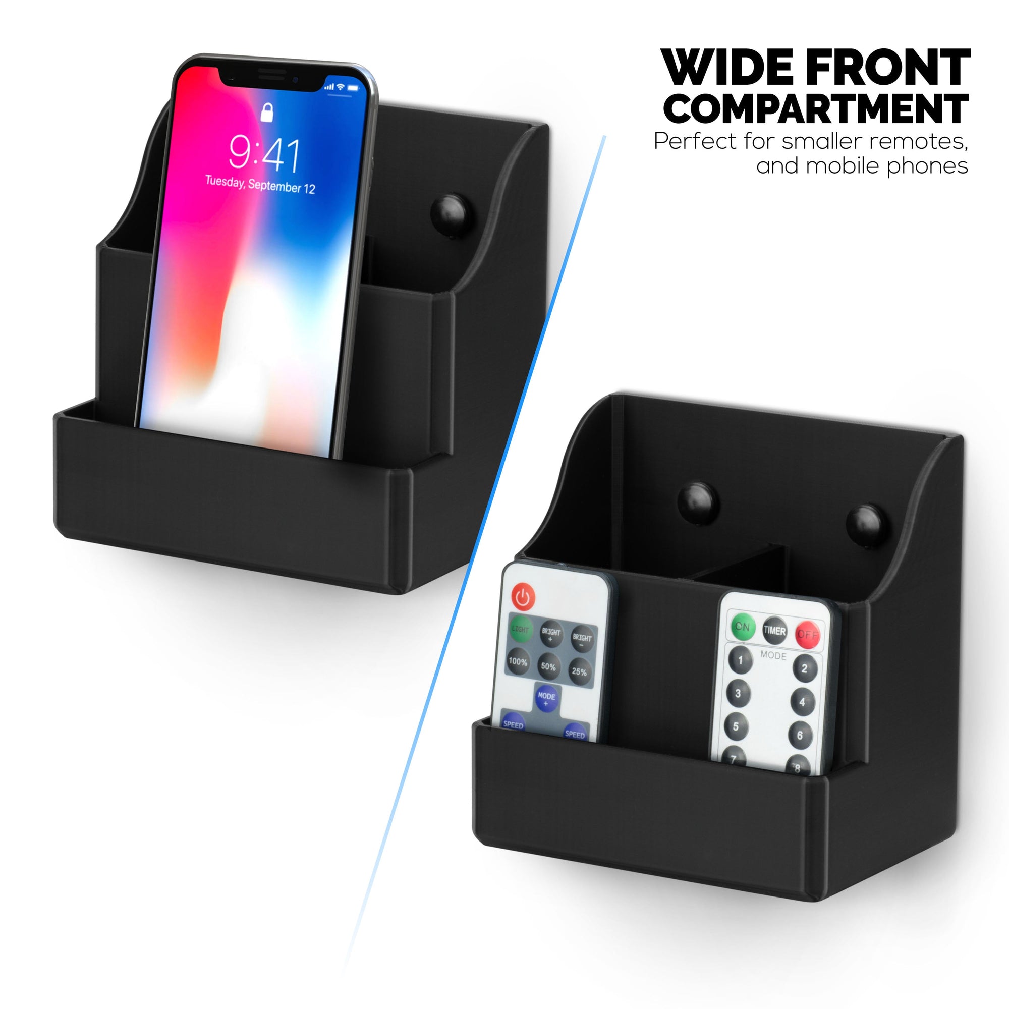 Adhesive Remote Control Wall Mount Holder, Easy To Install, Holds upto 4 Remotes & Storage for Phones, Pens & More