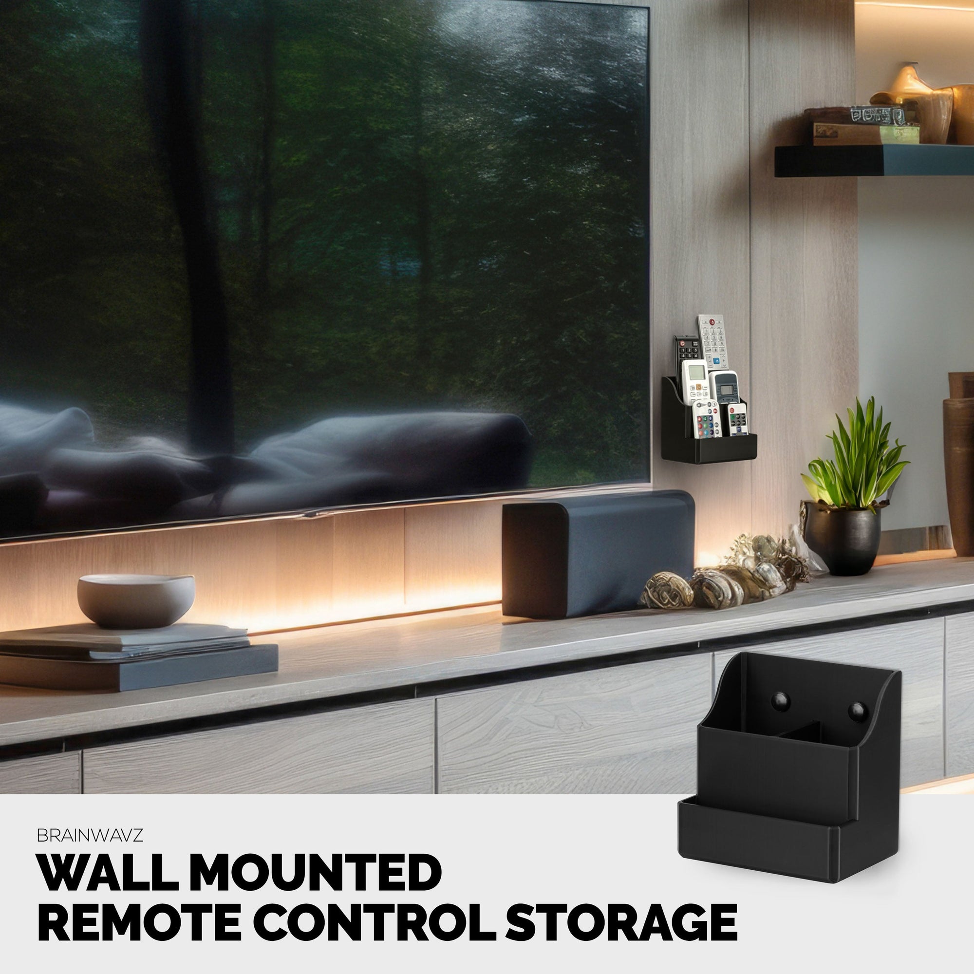 Adhesive Remote Control Wall Mount Holder, Easy To Install, Holds upto 4 Remotes & Storage for Phones, Pens & More