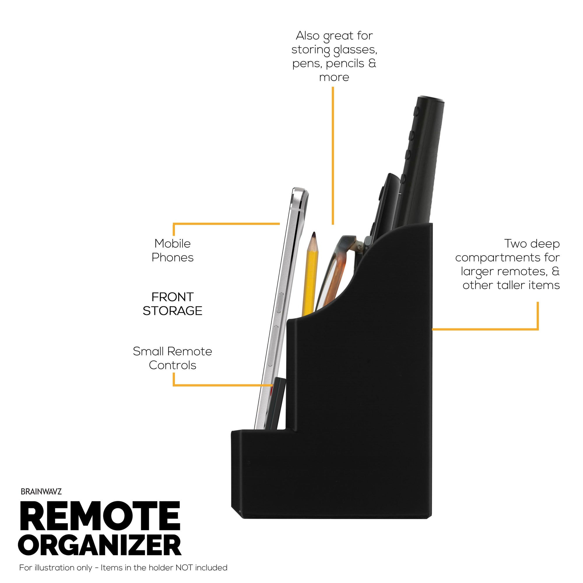 Adhesive Remote Control Wall Mount Holder, Easy To Install, Holds upto 4 Remotes & Storage for Phones, Pens & More