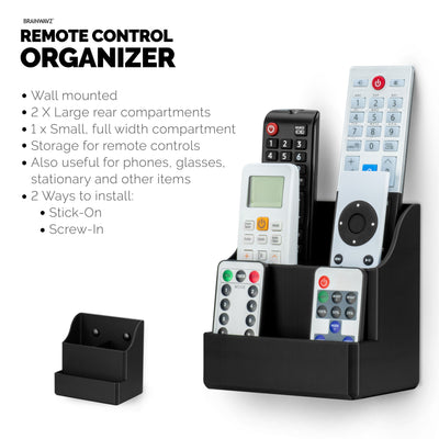 Adhesive Remote Control Wall Mount Holder, Easy To Install, Holds upto 4 Remotes & Storage for Phones, Pens & More