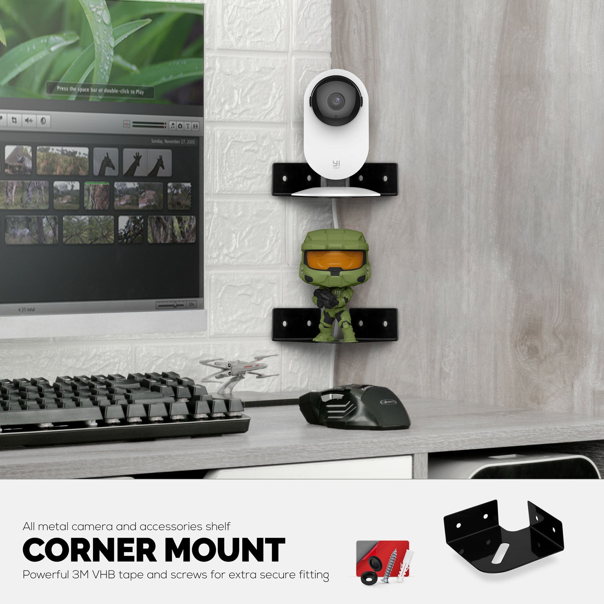 Small Metal Corner Shelf for Security Cameras, Baby Monitors, Speakers, Home Decor & More Universal Shelf Adhesive & Screw-in Wall Mount