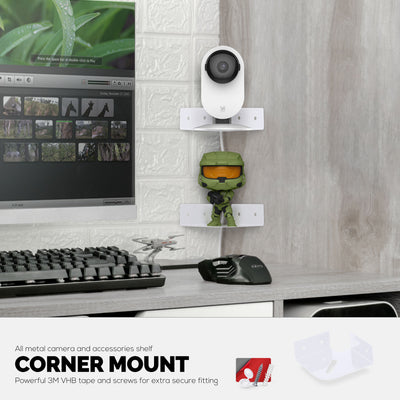 Small Metal Corner Shelf for Security Cameras, Baby Monitors, Speakers, Home Decor & More Universal Shelf Adhesive & Screw-in Wall Mount