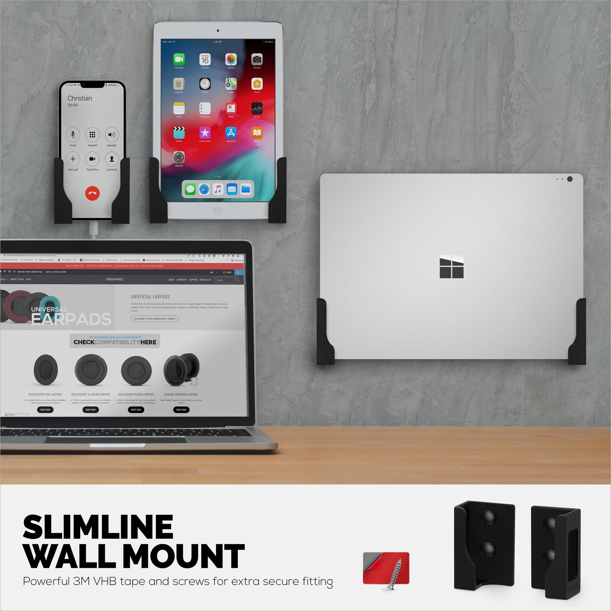 Adhesive Tablet & Slim Laptop Wall Mount Holder for iPad, Android, Macbook, Surface, iPad Air, Mini & Pro, Galaxy Tab Note eBooks, Kindle & More