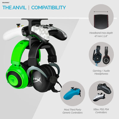 The Anvil - Under Desk Dual Controller & Dual Headphone Hanger - Adhesive Mount, Easy to Install, No Screws