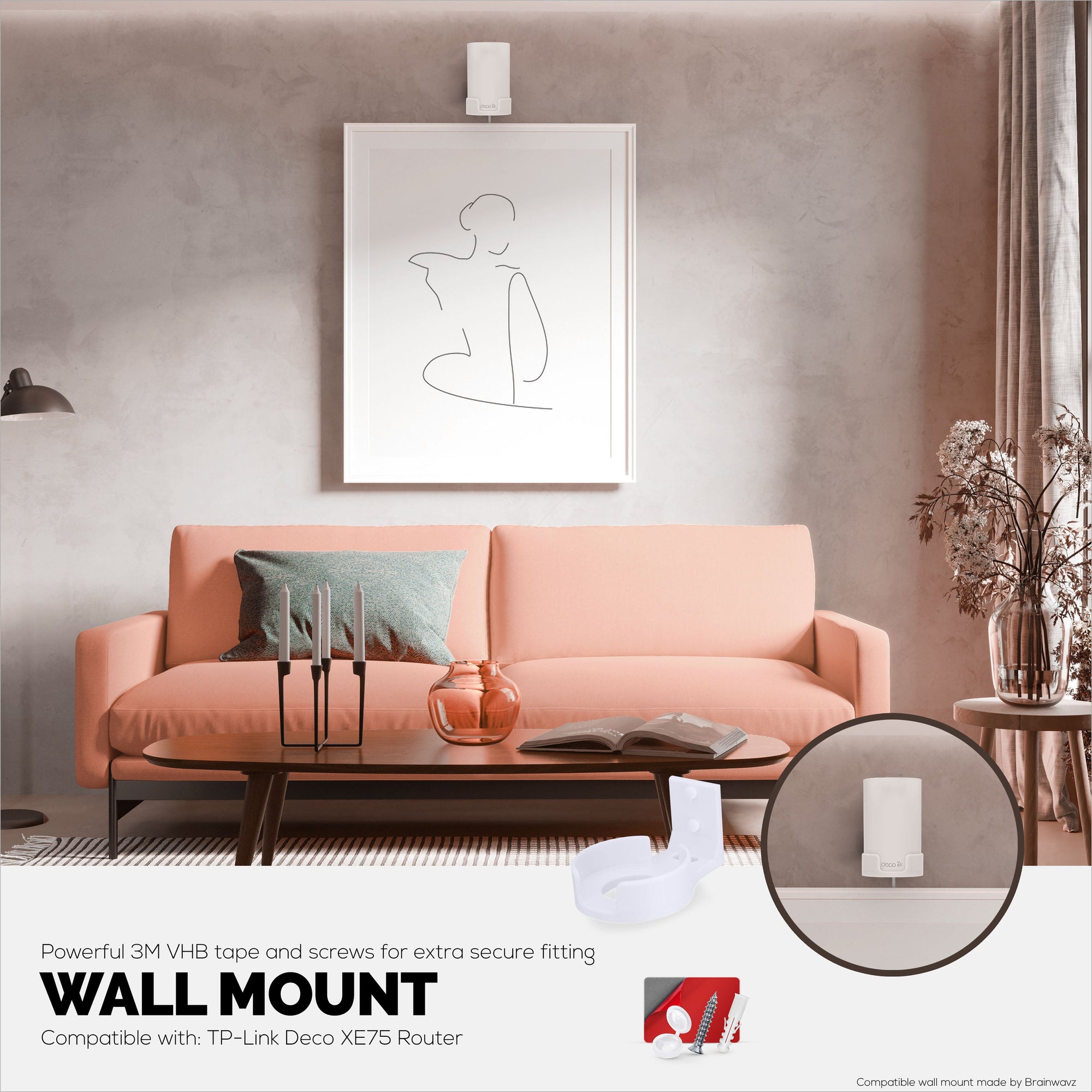 Screwless Wall Mount for TP-Link Deco X68, XE75, XE75 PRO, AXE5300 & AXE5400, Easy To Install, No Mess, Reduce Interference & Increase Range, Stick On Adhesive Bracket, White By Brainwavz