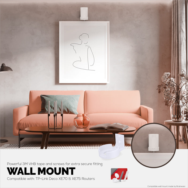 Screwless Wall Mount for TP-Link Deco X68, XE70, XE75, XE75 PRO, AXE5300 & AXE5400, Easy To Install, No Mess, Reduce Interference & Increase Range, Stick On Adhesive Bracket, White By Brainwavz