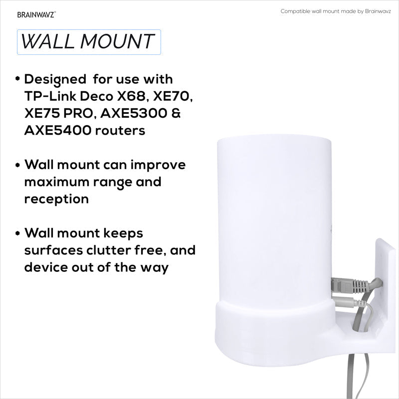 Screwless Wall Mount for TP-Link Deco X68, XE70, XE75, XE75 PRO, AXE5300 & AXE5400, Easy To Install, No Mess, Reduce Interference & Increase Range, Stick On Adhesive Bracket, White By Brainwavz