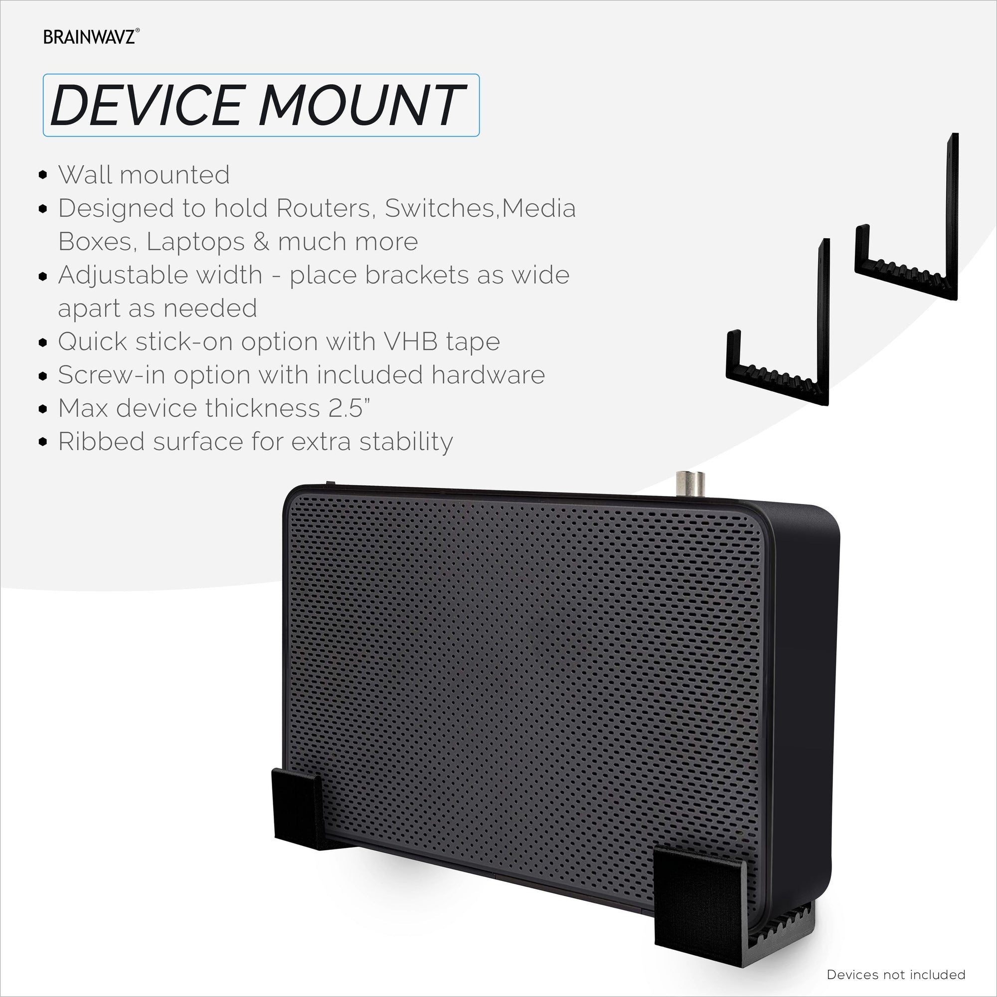 2.5" Cable Box Wall Mount Hanger Holder, Adhesive & Screw-In, for Routers, Laptops, Modem, Mesh Wifi, Apple TV, Network Switch & More