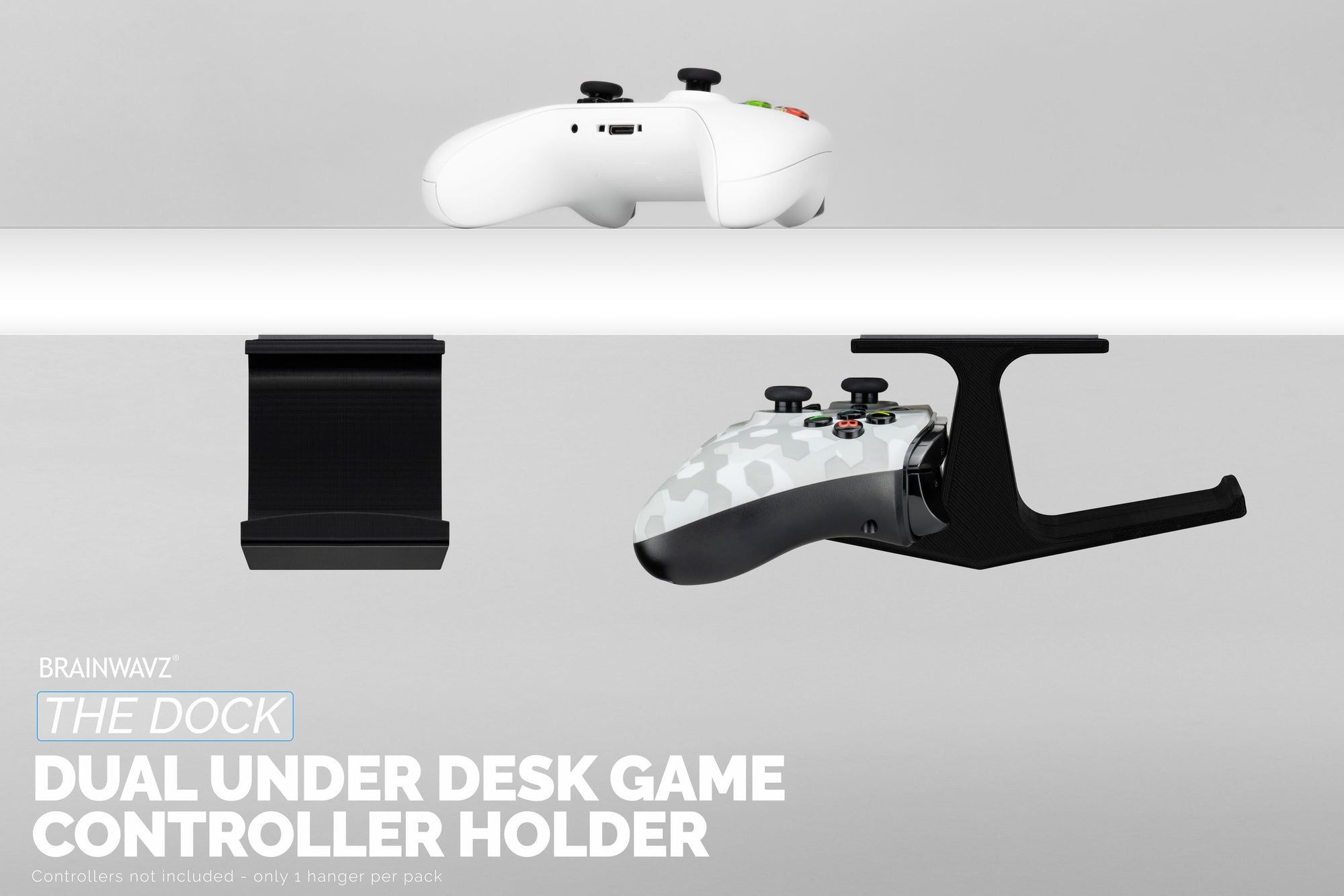 The Dock - Dual Under Desk Game Controller Hanger for Xbox, PS5/PS4, Universal Mount, No Mess & Easy to Install