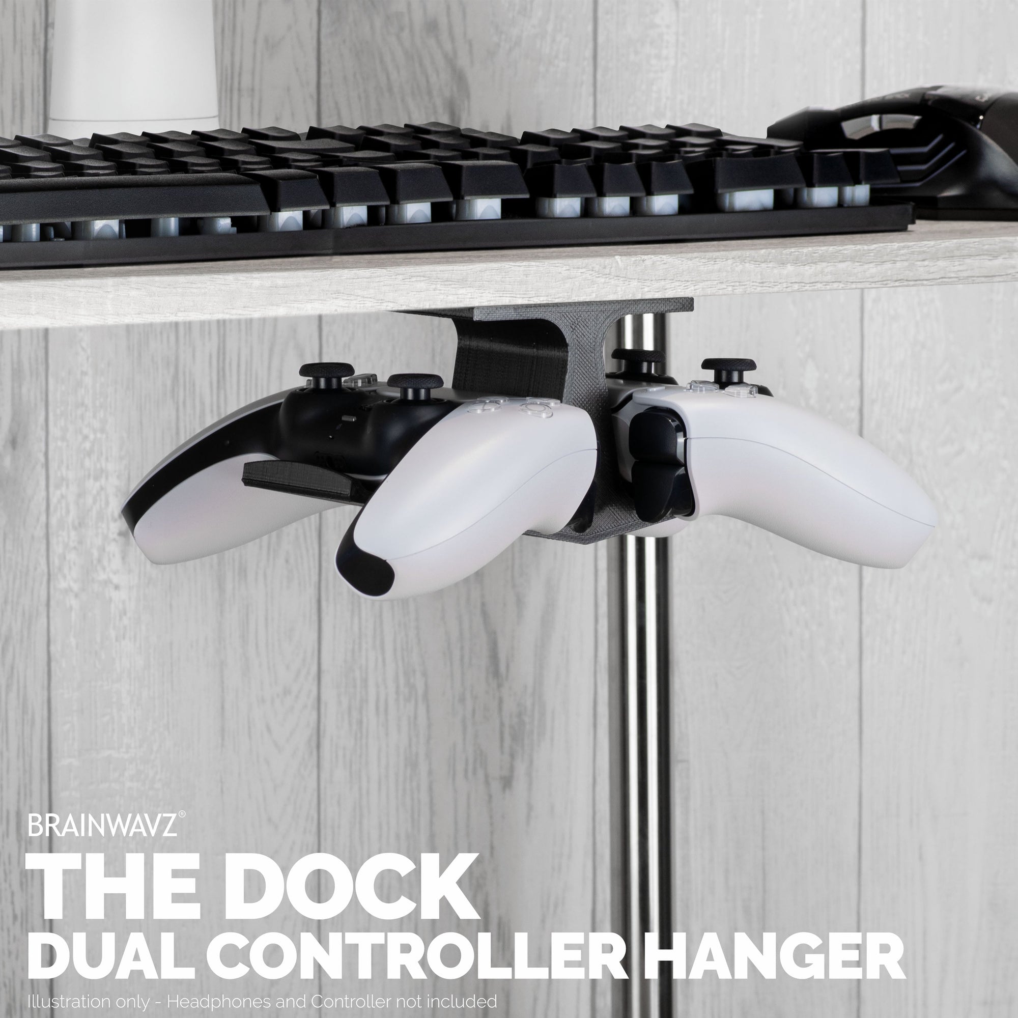 The Dock - Dual Under Desk Game Controller Hanger for Xbox, PS5/PS4, Universal Mount, No Mess & Easy to Install