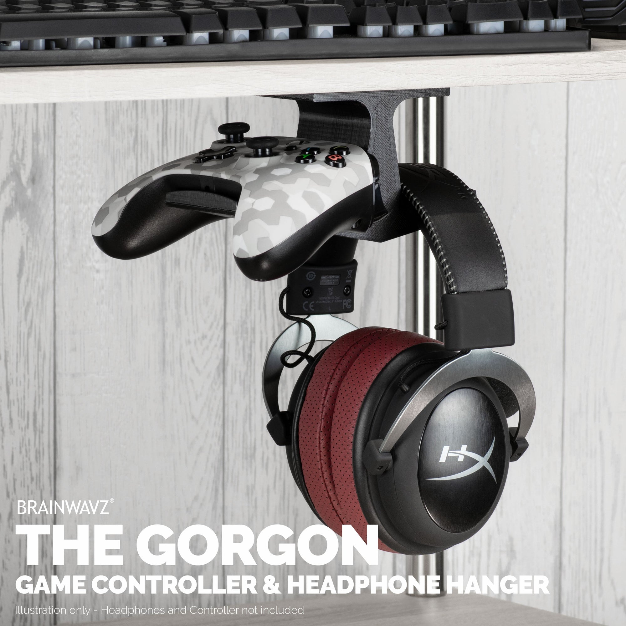 The Gorgon - Under Desk Headphone & Game Controller Hanger Mount - Suitable for Xbox, PS5/PS4, Universal Adhesive Mount, No Screws