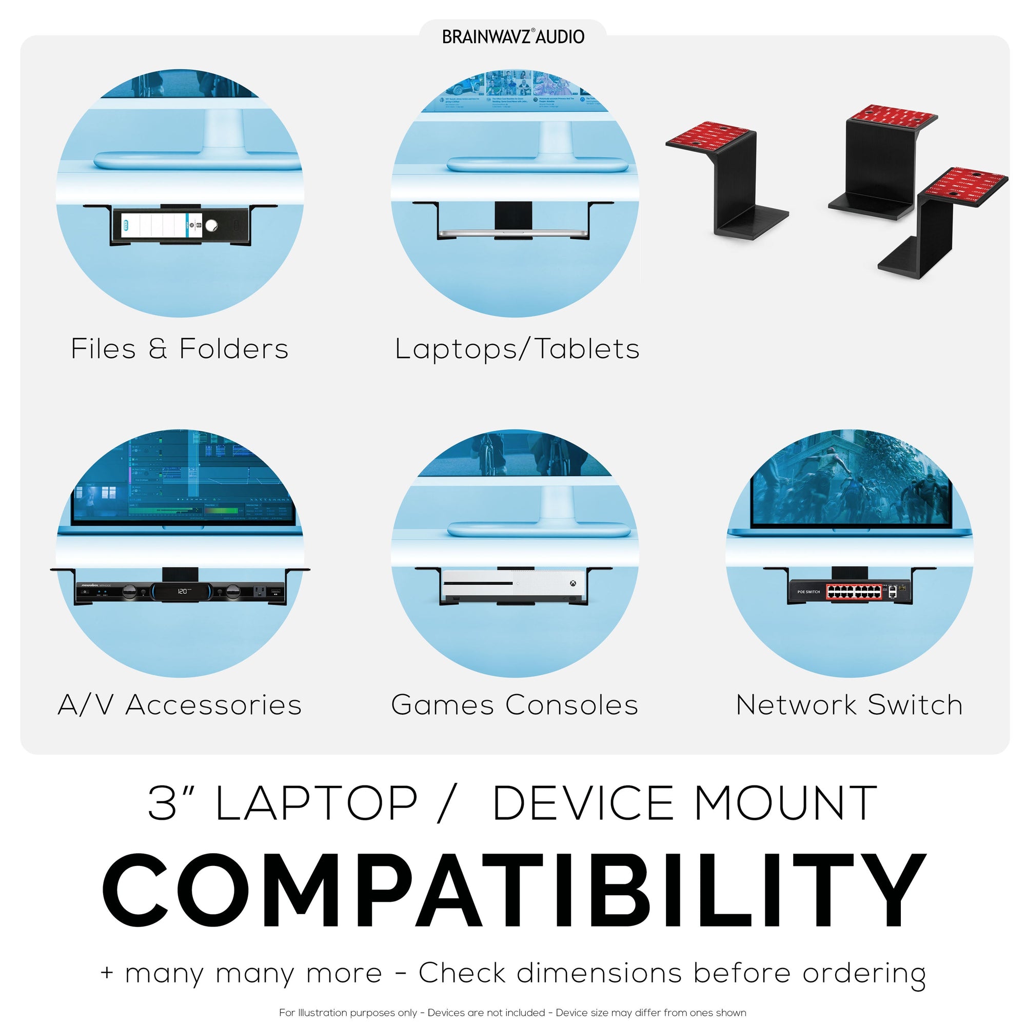 3" Under Desk Laptop & Device Holder Mount, Adhesive & Screw In, Devices upto 3" Like Small Computers Laptops Macbook Surface Keyboard Routers Modems Cable Box Network Switch & More