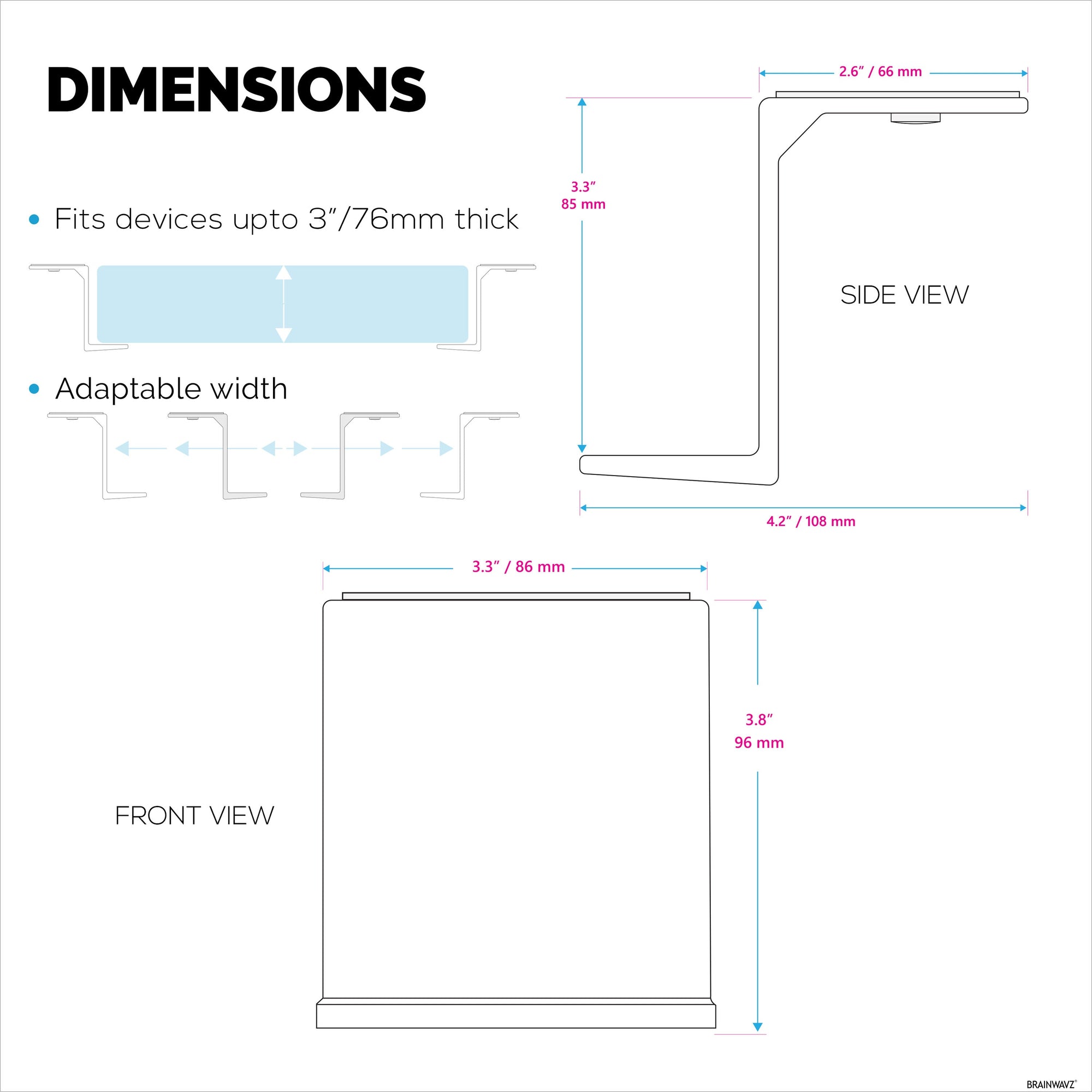 3" Under Desk Laptop & Device Holder Mount, Adhesive & Screw In, Devices upto 3" Like Small Computers Laptops Macbook Surface Keyboard Routers Modems Cable Box Network Switch & More
