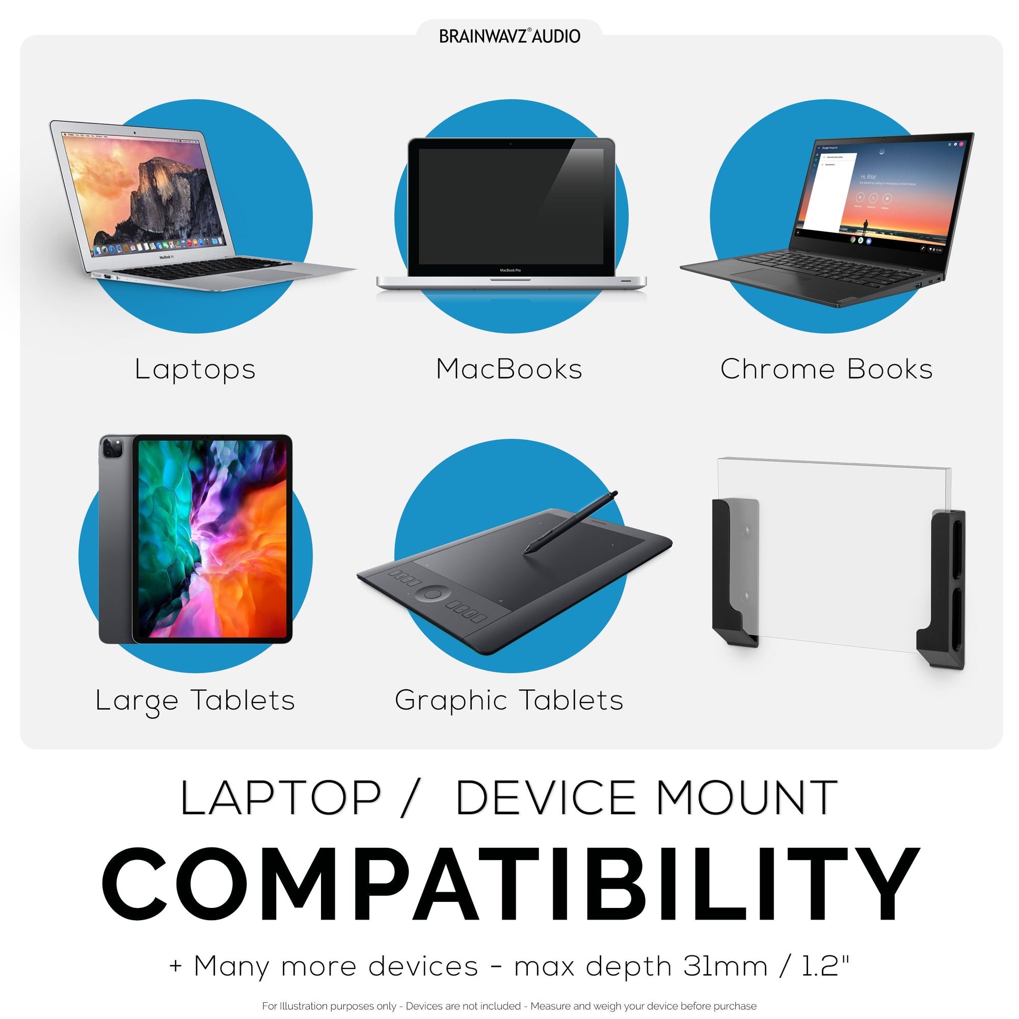 Wall Mount Laptop Holder with Adhesive & Screw In, 1.2" / 31mm, for Macbooks, Surface, Keyboards, Switch, Tablets & More