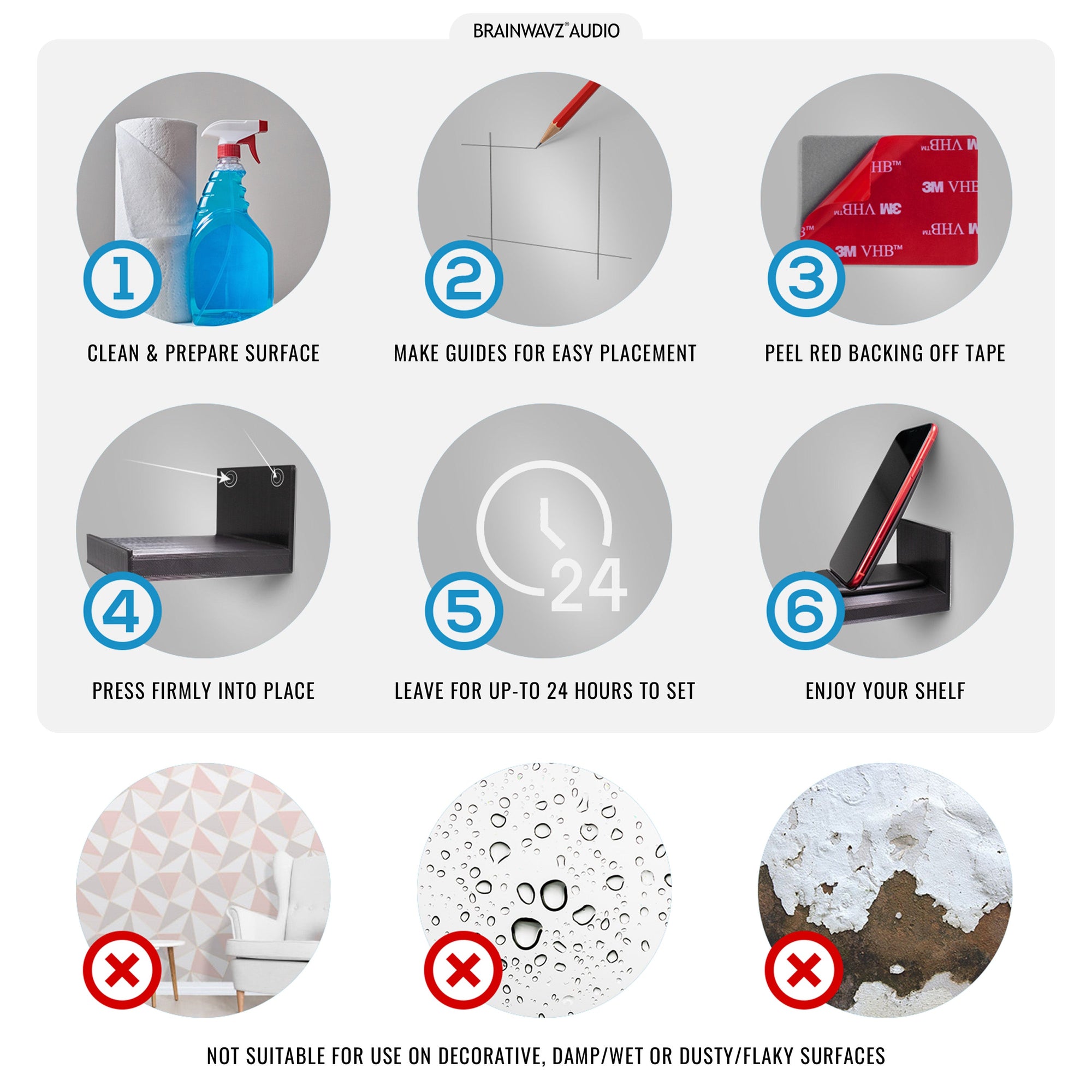 4" Adhesive Universal Small Floating Shelf (135) for Security Cameras, Small Plants, Storage & More