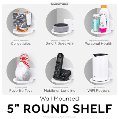5” Round Floating Shelf, Screw & Adhesive, for Security Cameras, Baby Monitors, Speakers, Plants & More