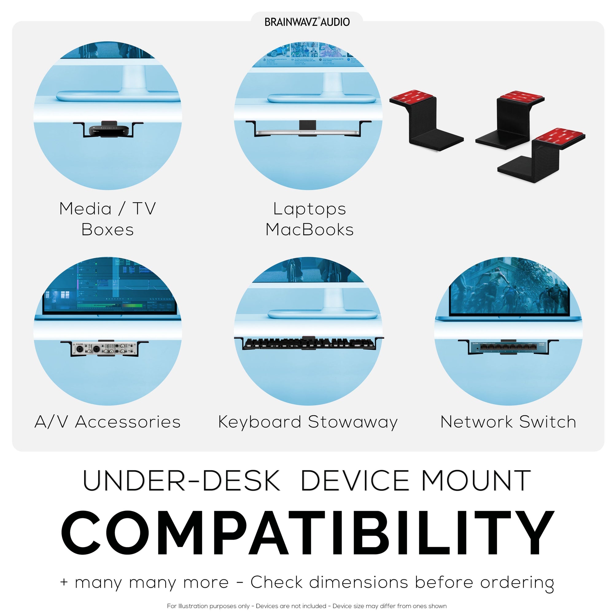 Adhesive Under Desk Laptop Holder Mount, Upto 1.9” / 48mm Thick, For Laptops Macbook Routers Surface iPads Tablets & More