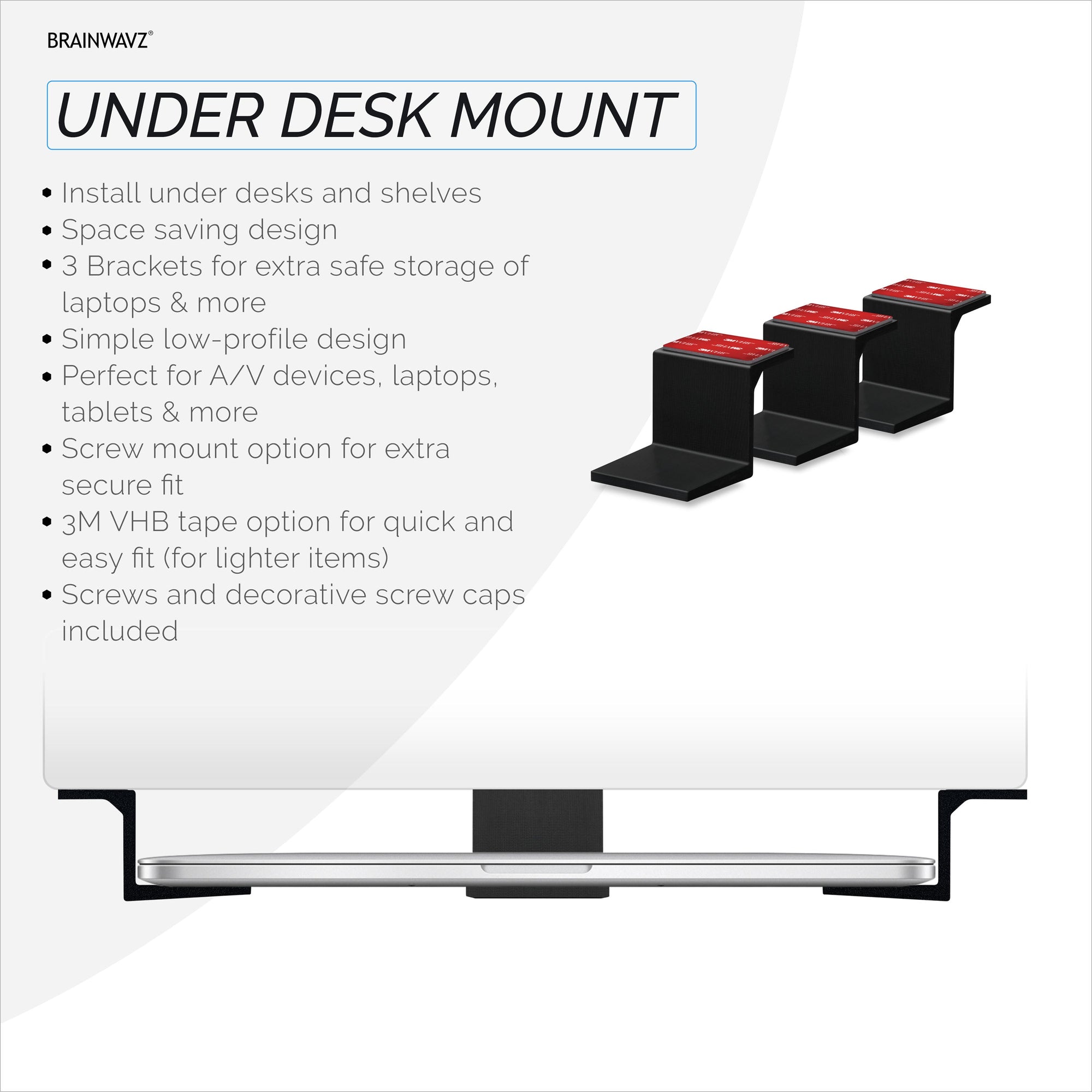 Adhesive Under Desk Laptop Holder Mount, Upto 1.9” / 48mm Thick, For Laptops Macbook Routers Surface iPads Tablets & More