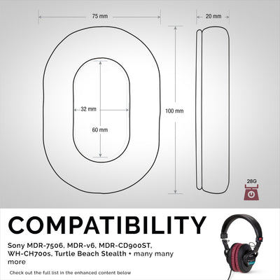 SONY MDR-7506 Replacement Premium Earpads - Also Suitable for V6, CD900ST Headphones (PU)