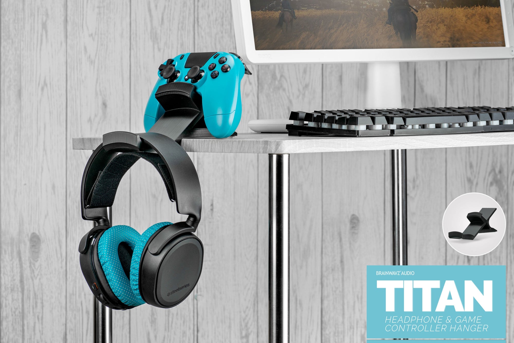 Titan - Desktop Headphone and Game Controller Hanger - Xbox, PS5/PS4, PC Universal Gamepad Holder, No Screws or Mess