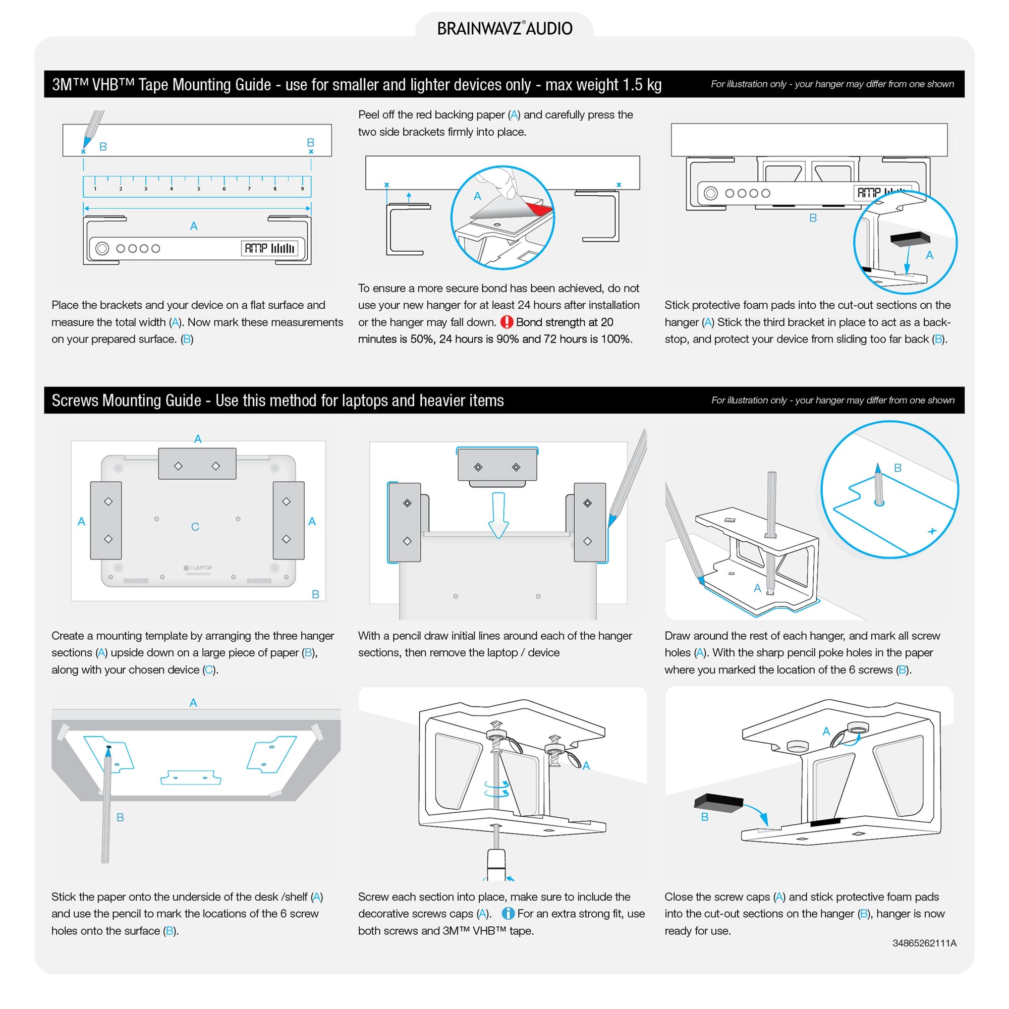 3” Under Desk Laptop & Device Holder Mount, Adhesive & Screw In, Devices upto 3" Like Small Computers Laptops Macbook Surface Keyboard Routers Modems Cable Box Network Switch & More